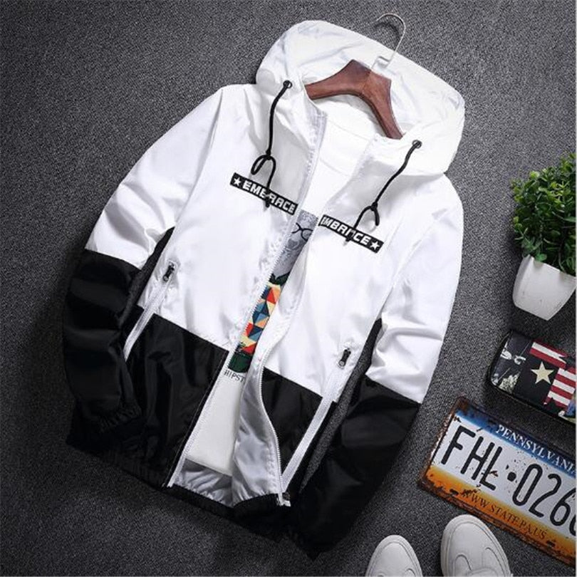 Spring Autumn Bomber Hooded Jacket Men Casual Slim Patchwork Windbreaker Jacket Male Outwear Zipper Thin Coat Brand Clothing