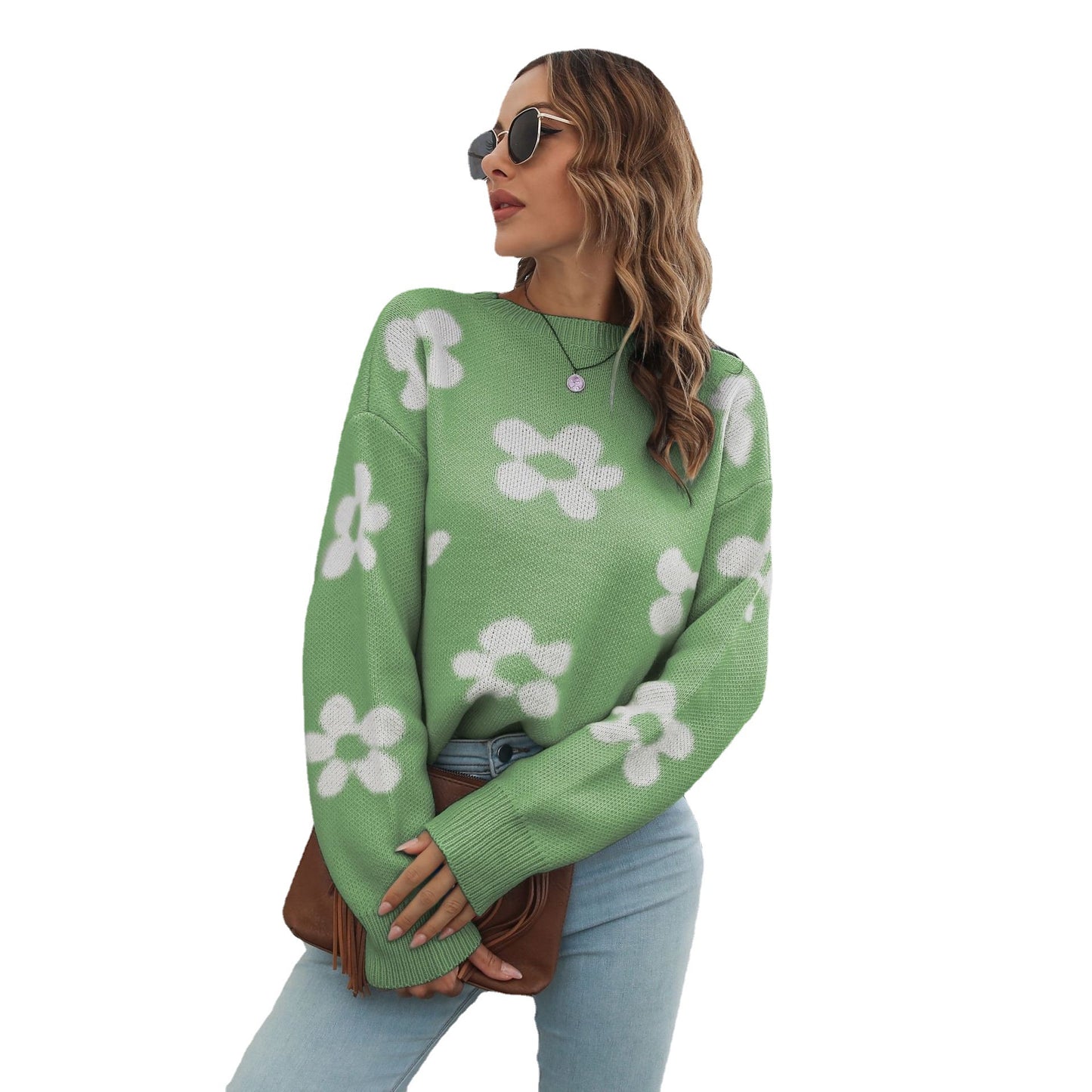 Flower Jacquard Sweater Women Loose Autumn Winter Long Sleeve Daisy Knit Sweater