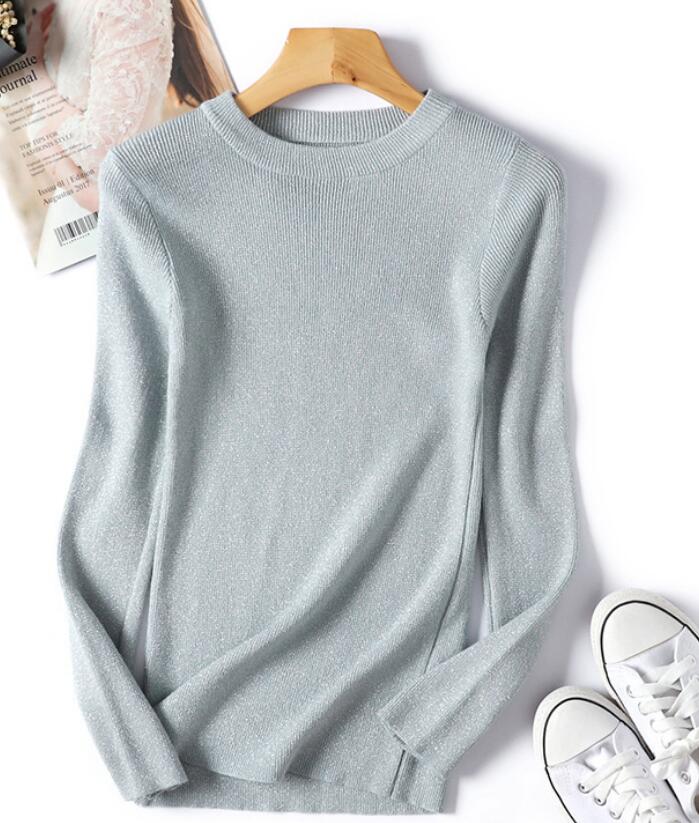 Shiny Lurex Autumn Winter Sweater Women Long Sleeve Pullover  Knit Tops