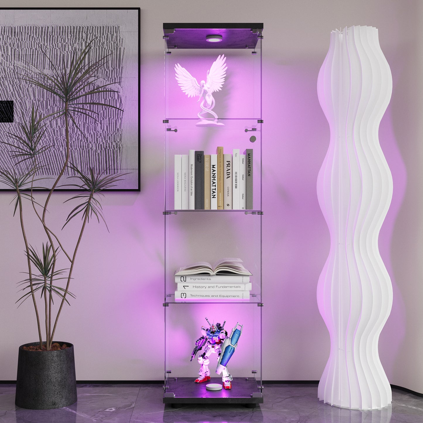 4 LED light glass display cabinets with door shelves, floor standing antique bookshelf, 64.7 "* 16.7" * 14.3 ", black