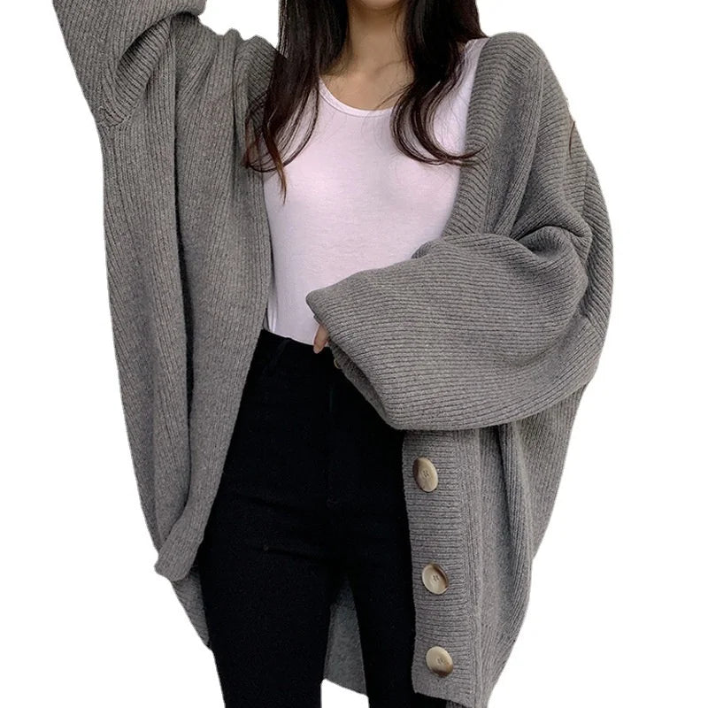 Solid Color Lazy Sweater Coat Women Autumn Winter New Loose Fit Large Size Knitted Cardigan Jumpers