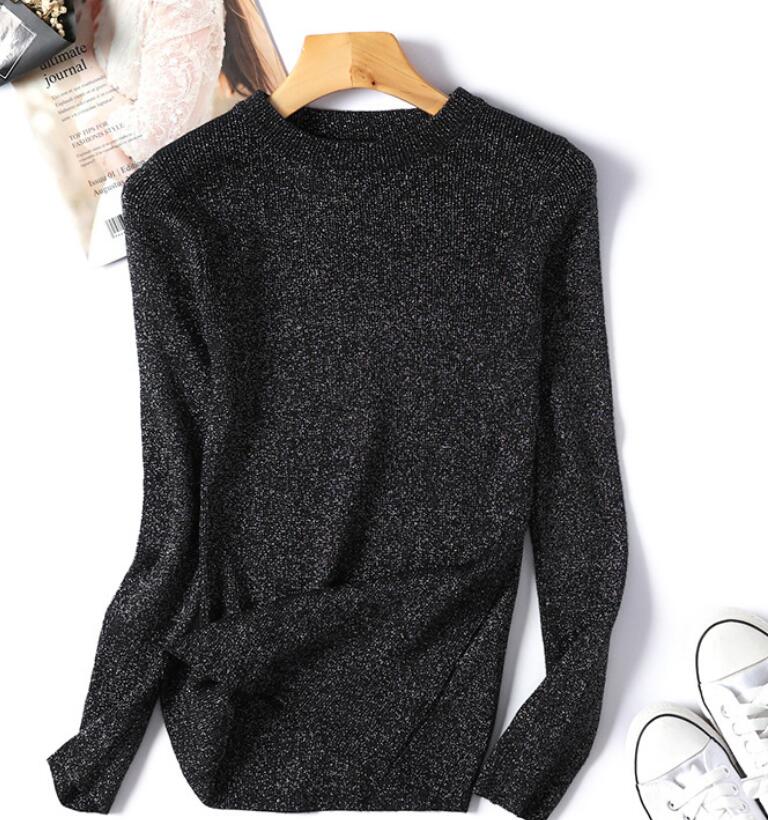 Shiny Lurex Autumn Winter Sweater Women Long Sleeve Pullover  Knit Tops