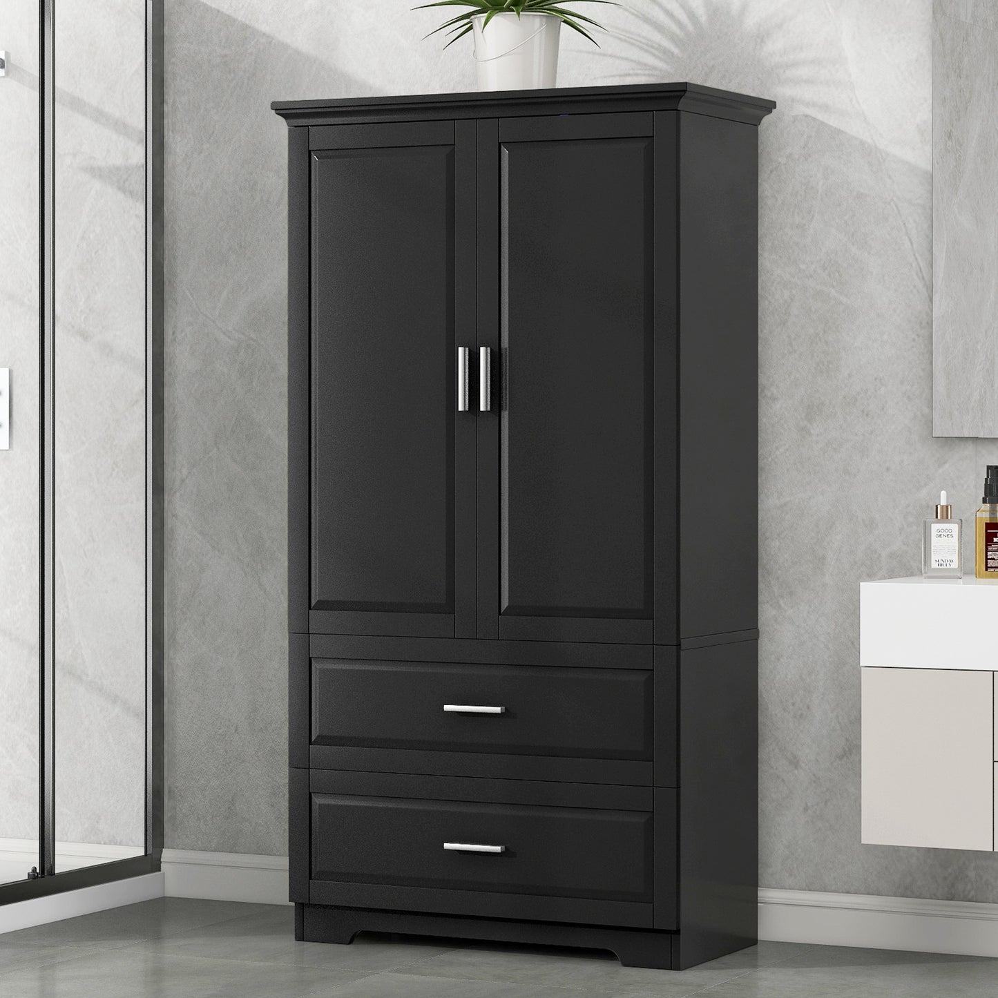 Tall Bathroom Storage Cabinet, Cabinet with Two Doors and Drawers, Adjustable Shelf, MDF Board, Black