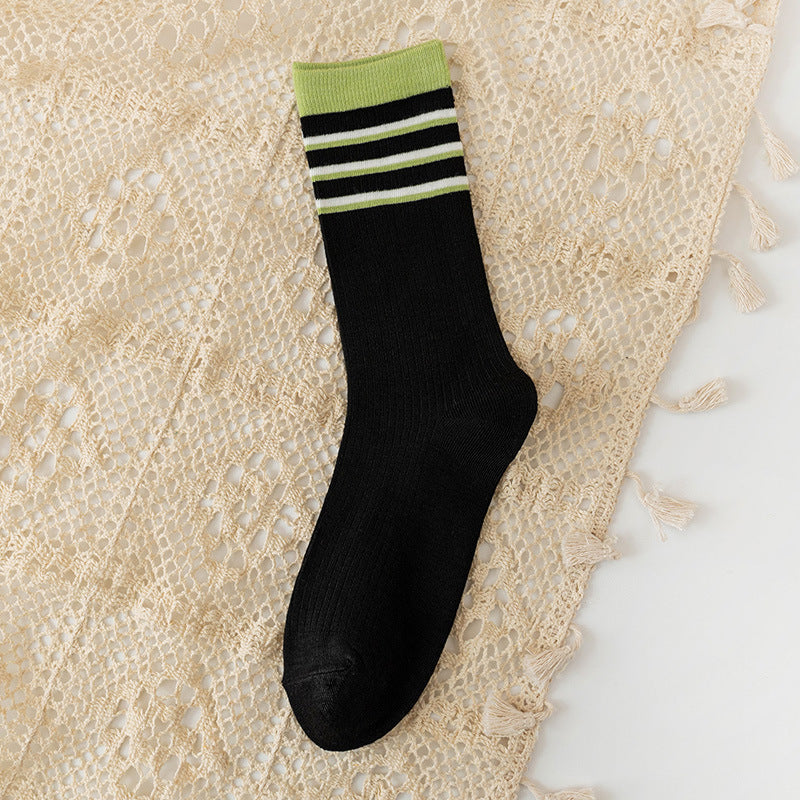 Socks Women's Spring and Autumn Popular Cotton Pile Socks Japanese Two Bar Retro Medium Long Tube Tidy Women's Socks College Style Socks