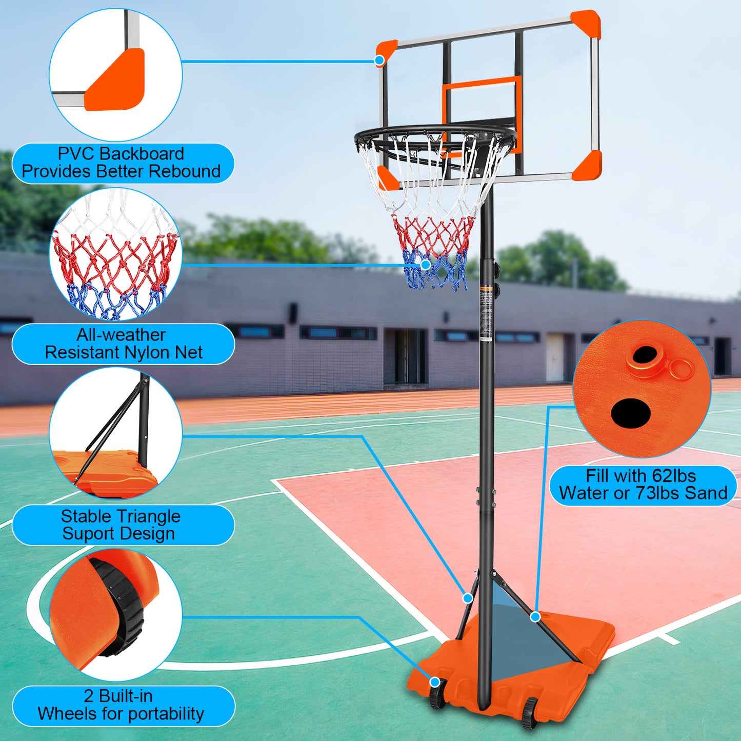 Portable Basketball Goal System with Stable Base and Wheels use for Indoor Outdoor