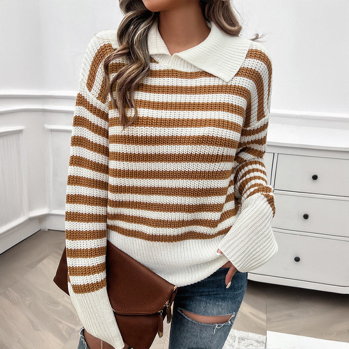 European and American autumn and winter top women's casual loose collar striped long sleeved sweater for women