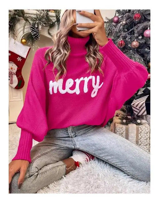 Fashion Knitt Embroidery Women Woolen Sweater Elegant Batwing Sleeve Female Turtleneck  Autumn Winter Christmas Pullover