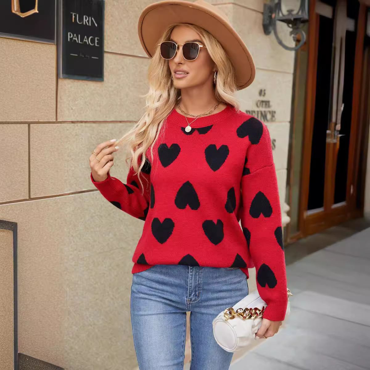 Love sweater autumn and winter knitted jacquard round neck pullover knitted sweater top for women