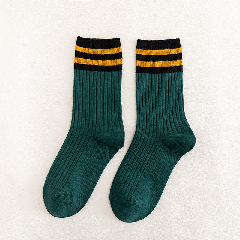 Socks Women's Spring and Autumn Popular Cotton Pile Socks Japanese Two Bar Retro Medium Long Tube Tidy Women's Socks College Style Socks