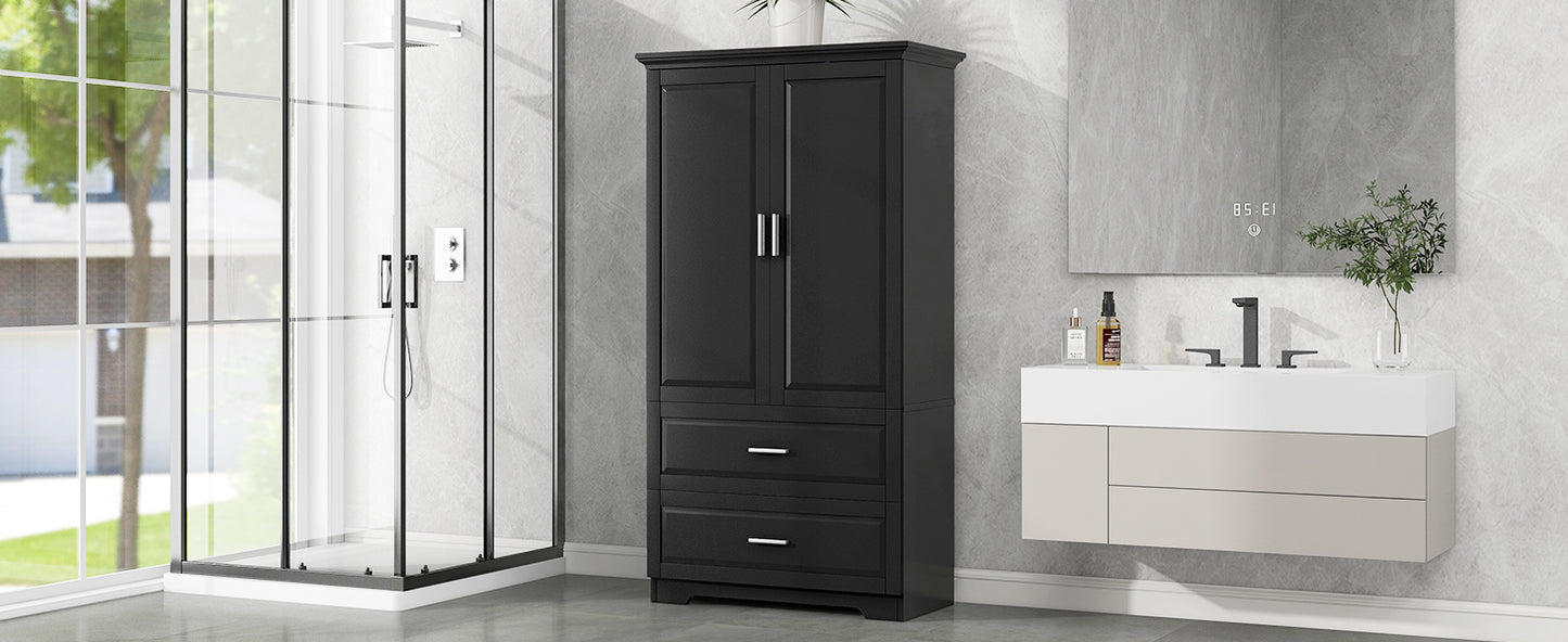 Tall Bathroom Storage Cabinet, Cabinet with Two Doors and Drawers, Adjustable Shelf, MDF Board, Black