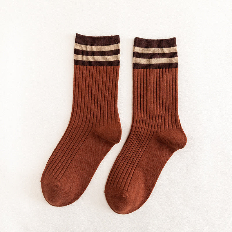 Socks Women's Spring and Autumn Popular Cotton Pile Socks Japanese Two Bar Retro Medium Long Tube Tidy Women's Socks College Style Socks