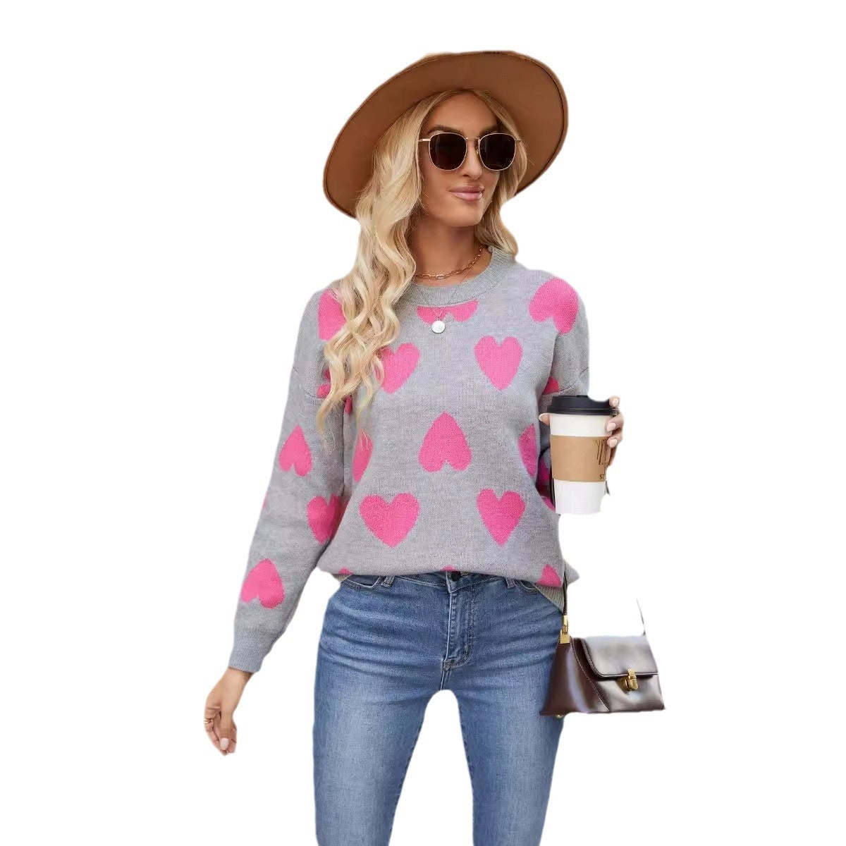 Love sweater autumn and winter knitted jacquard round neck pullover knitted sweater top for women