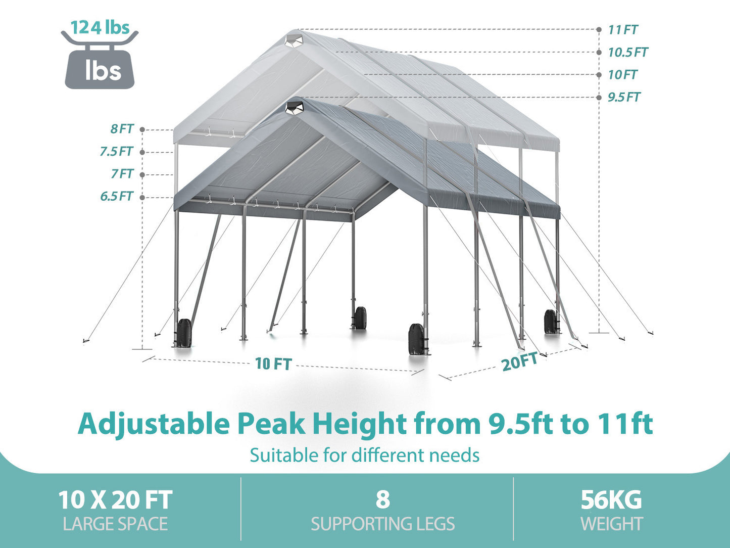 Sannwsg 10 * 20 ultra large portable carport garage, adjustable from 9.5 feet to 11 feet, with detachable roof and side walls