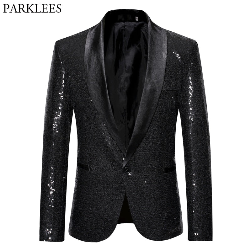 Black Sequin One Button Shawl Collar Suit Jacket Men Bling Glitter Nightclub Prom DJ Blazer Jacket Men Stage Clothes for Singers