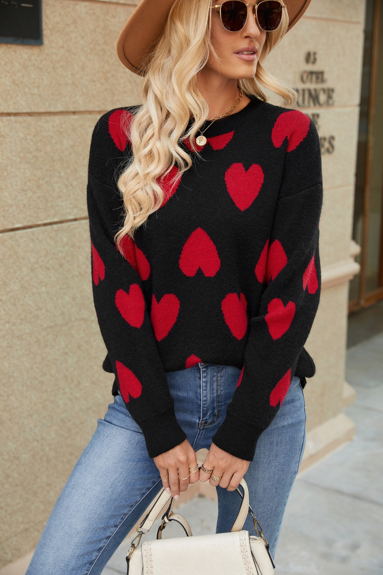 Love sweater autumn and winter knitted jacquard round neck pullover knitted sweater top for women