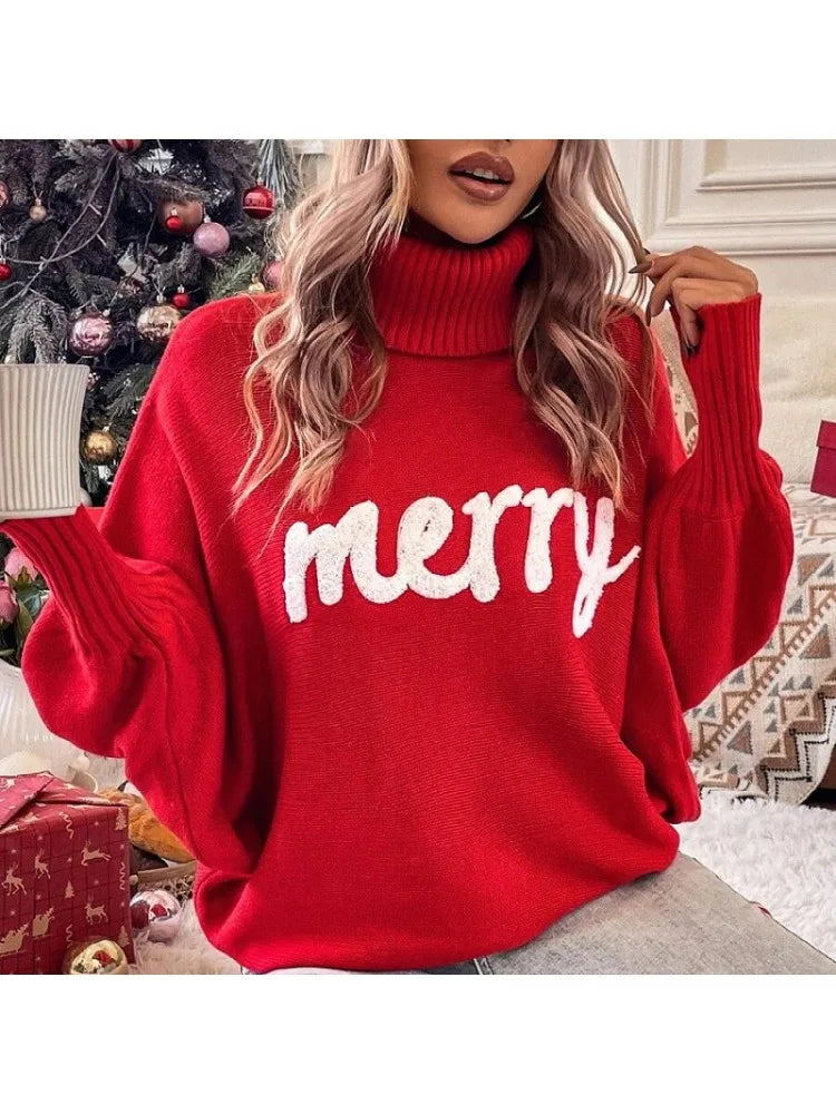 Fashion Knitt Embroidery Women Woolen Sweater Elegant Batwing Sleeve Female Turtleneck  Autumn Winter Christmas Pullover