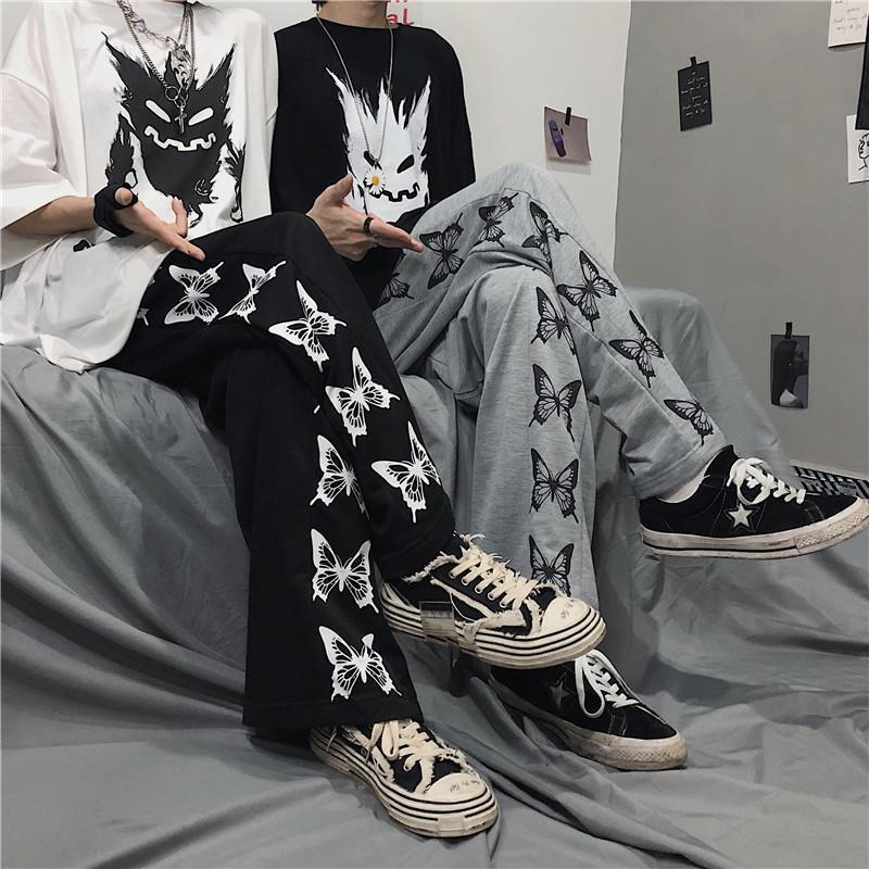 Retro Genjuku style butterfly print loose casual pants look slim straight leg wide leg pants for women