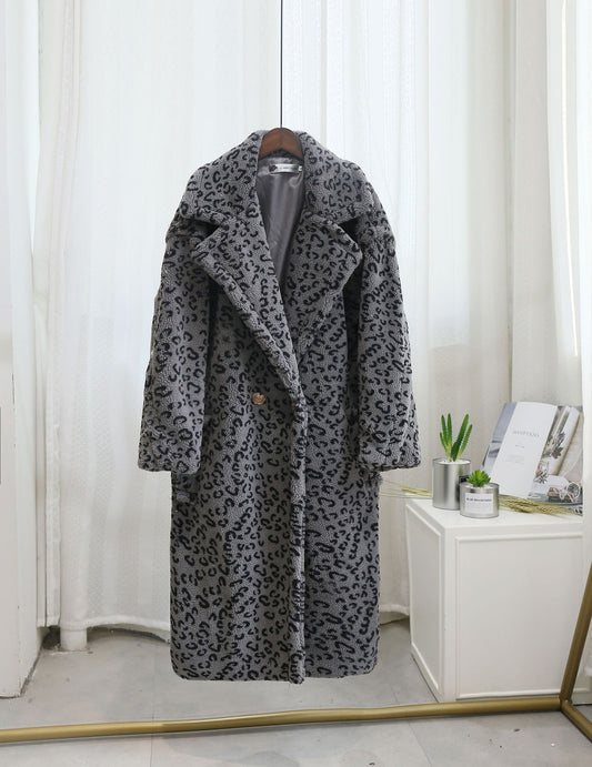 Winter Leopard Print Lapel Collar Long Fleece Jacket Women Oversized Pink Faux Fur Coat Thick Warm Teddy Jacket