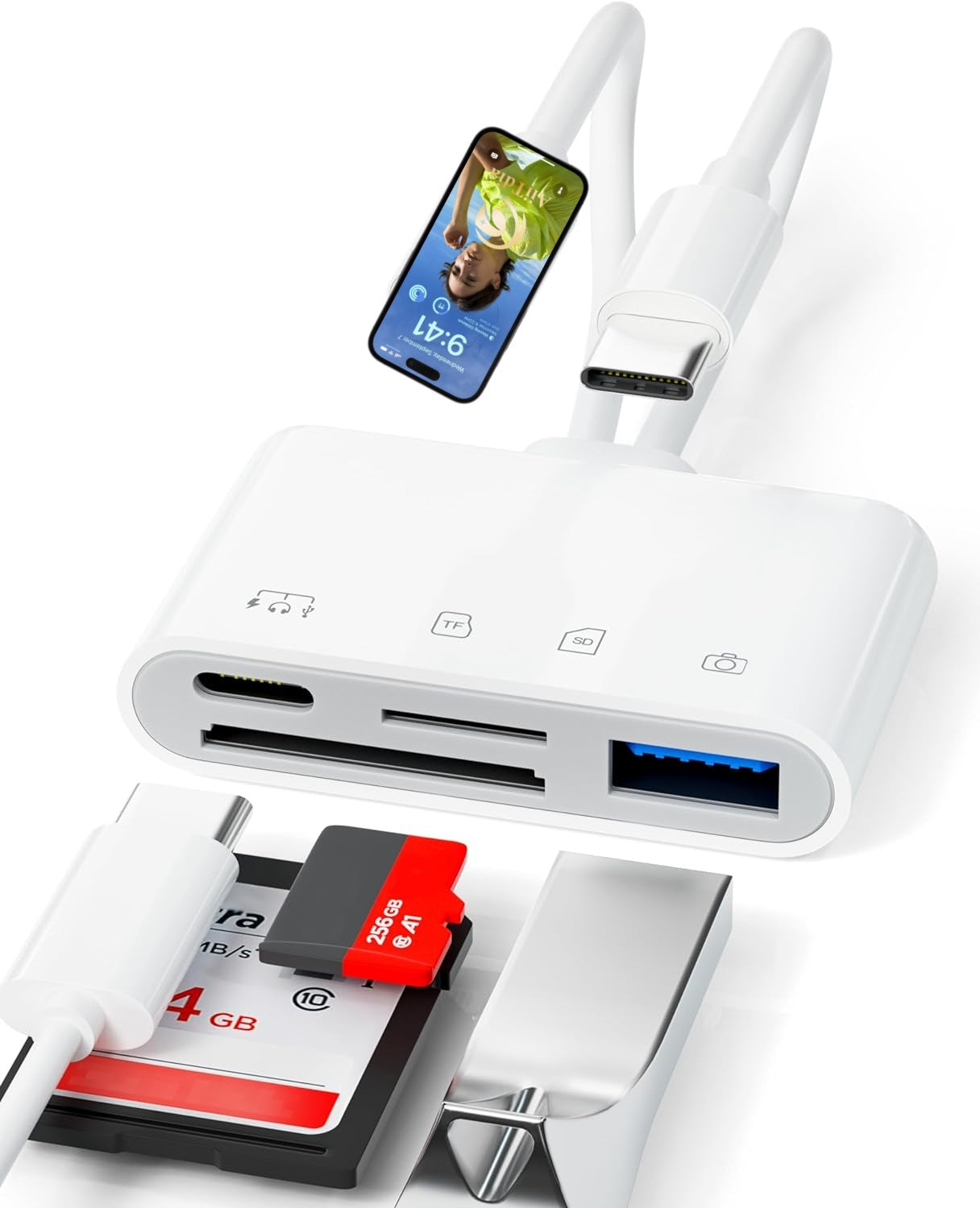 Dual line 4-in-1 mobile card reader suitable for Apple TypeC to TF/SD/USB/USB-C charging adapter