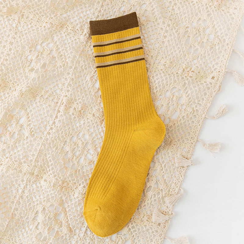 Socks Women's Spring and Autumn Popular Cotton Pile Socks Japanese Two Bar Retro Medium Long Tube Tidy Women's Socks College Style Socks