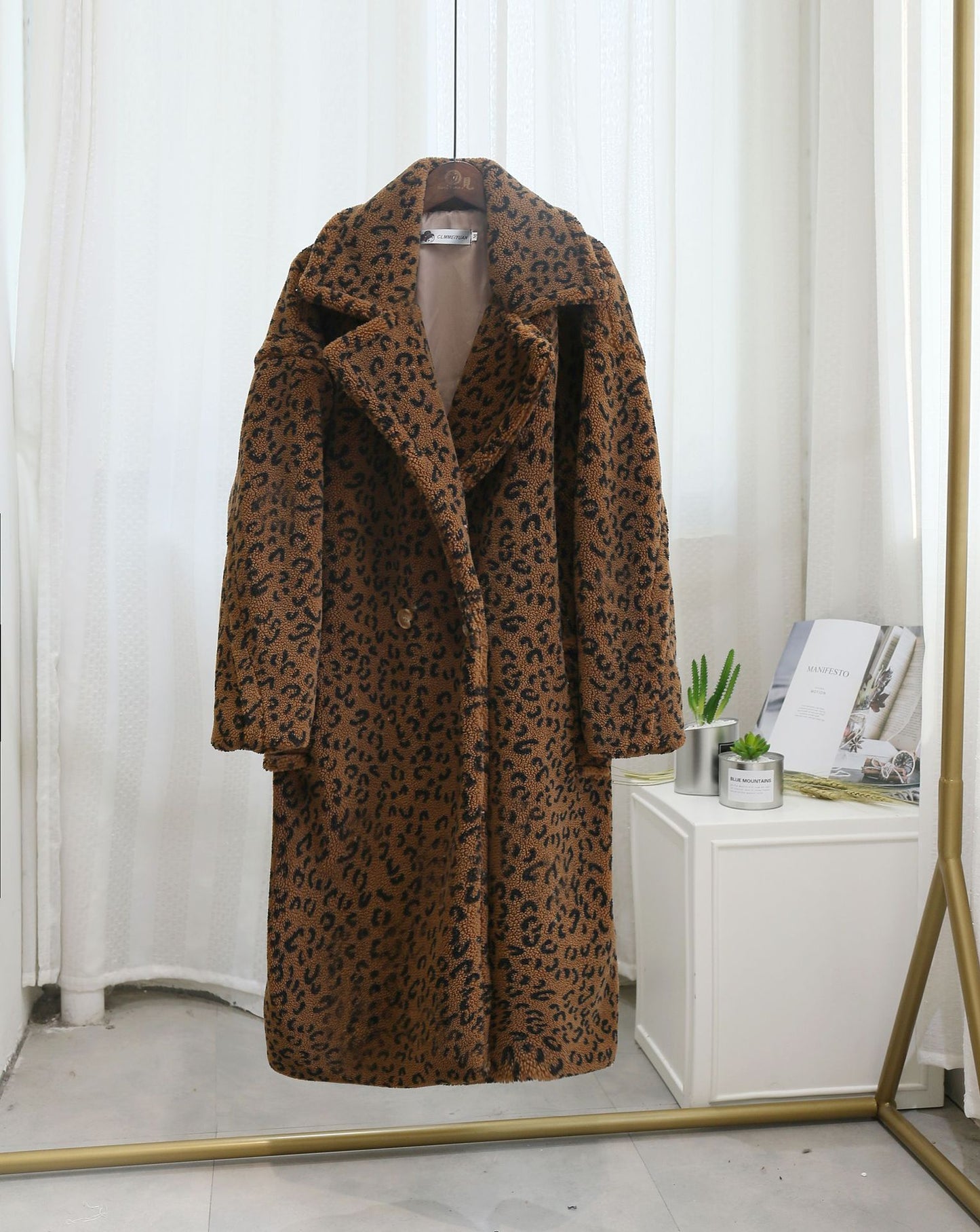 Winter Leopard Print Lapel Collar Long Fleece Jacket Women Oversized Pink Faux Fur Coat Thick Warm Teddy Jacket