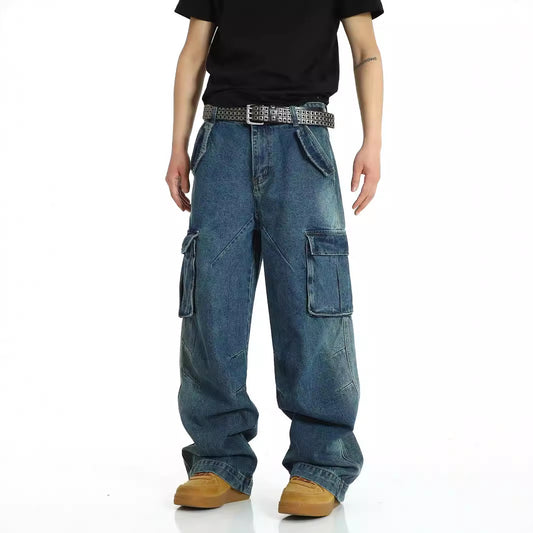 American retro multi pocket heavy-duty jeans men's washed and worn pants street hip-hop high waisted straight leg work pants