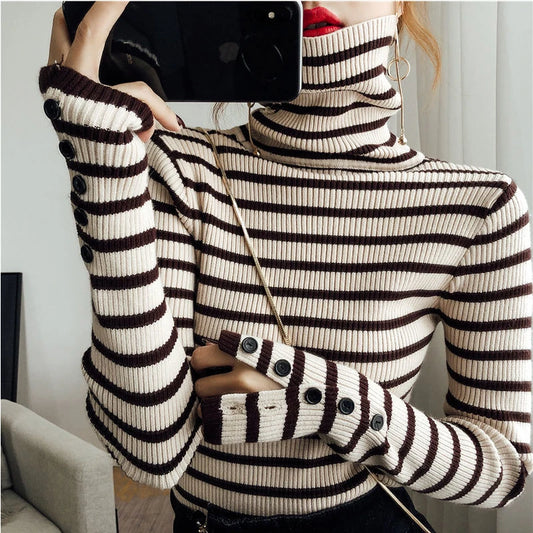 Women Striped Sweater Autumn Winter New Korean Fashion Slim Pullover Basic Top Soft Knit Sweaters Long Sleeve Button