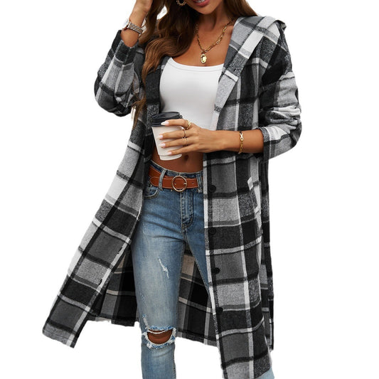 European and American autumn and winter women's casual loose contrasting color breasted hooded jacket