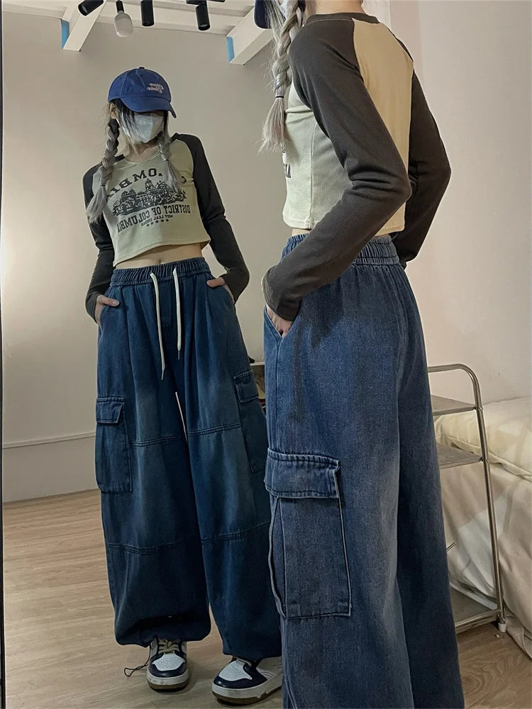 Vintage Blue Cargo Jeans Women Oversized  Denim Pants Hip Hop Streetwear Retro Wide Leg Trousers