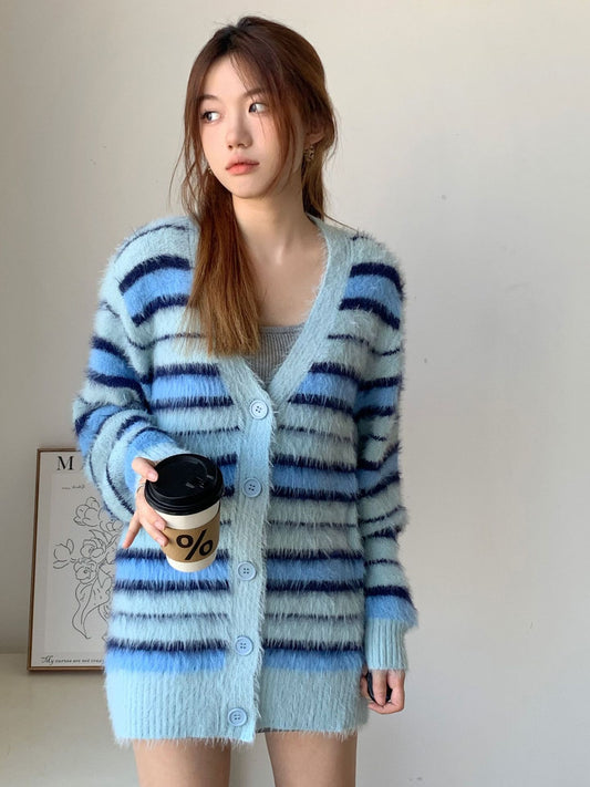 stitching striped cardigan sweater women fringe knitwear autumn winter retro V-neck knitwear