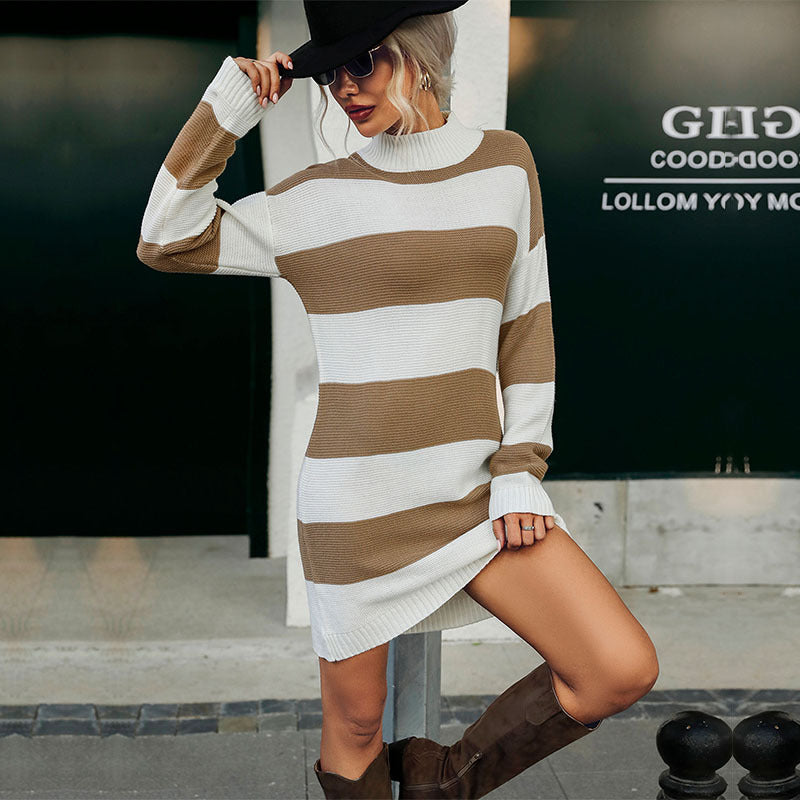 Autumn And Winter New Fashion Long-Sleeved Striped Long Sweater Dress For Women