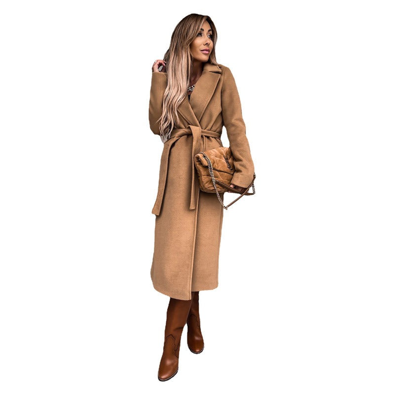 Autumn and winter women's solid color lapel long sleeved woolen jacket with simple strap windbreaker