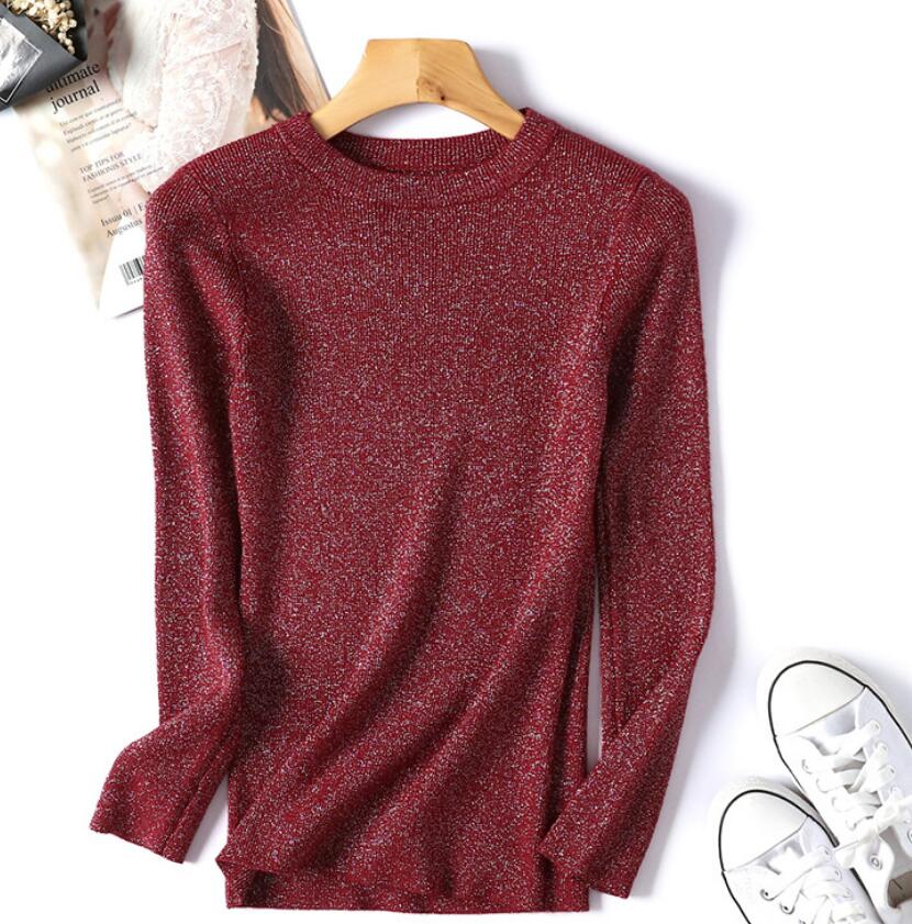 Shiny Lurex Autumn Winter Sweater Women Long Sleeve Pullover  Knit Tops