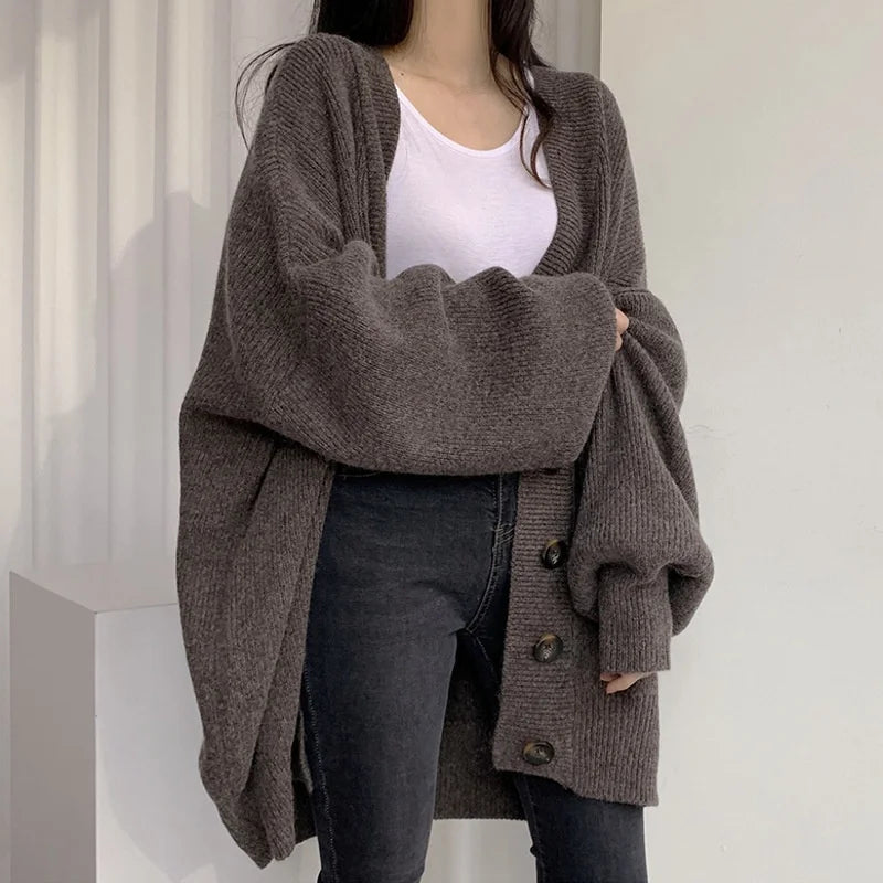 Solid Color Lazy Sweater Coat Women Autumn Winter New Loose Fit Large Size Knitted Cardigan Jumpers