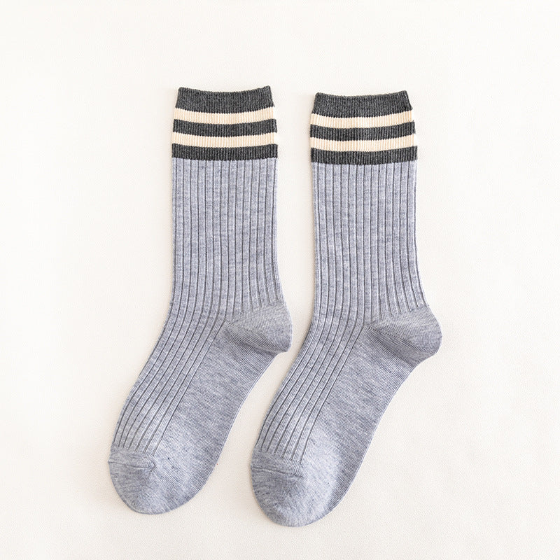 Socks Women's Spring and Autumn Popular Cotton Pile Socks Japanese Two Bar Retro Medium Long Tube Tidy Women's Socks College Style Socks