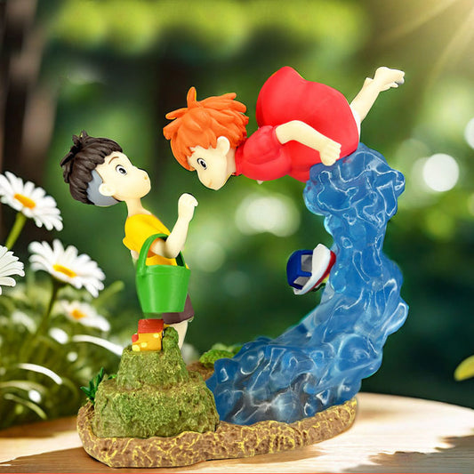 The scene of the encounter between Goldfish Hime, Mermaid Princess Ponyo, and Sosuke on the cliff is a static figurine model ornament