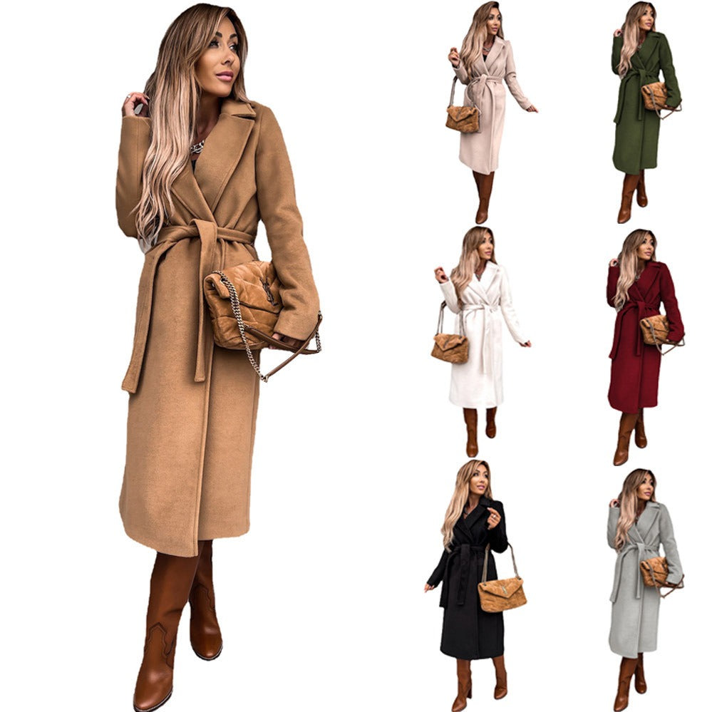 Autumn and winter women's solid color lapel long sleeved woolen jacket with simple strap windbreaker