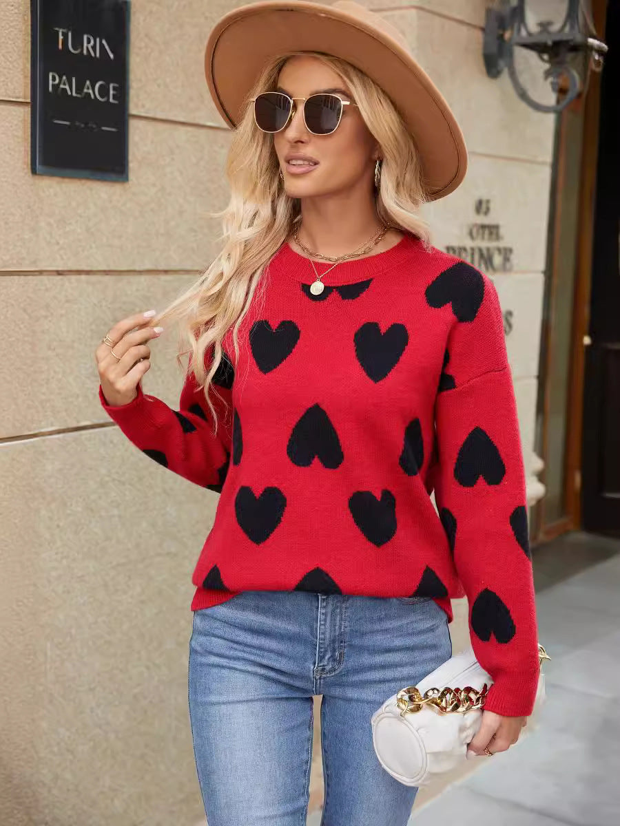 Love sweater autumn and winter knitted jacquard round neck pullover knitted sweater top for women