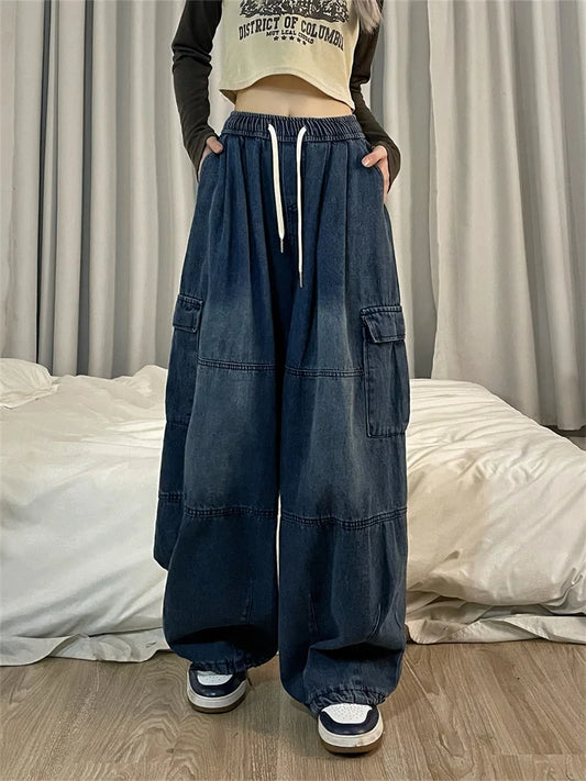 Vintage Blue Cargo Jeans Women Oversized  Denim Pants Hip Hop Streetwear Retro Wide Leg Trousers