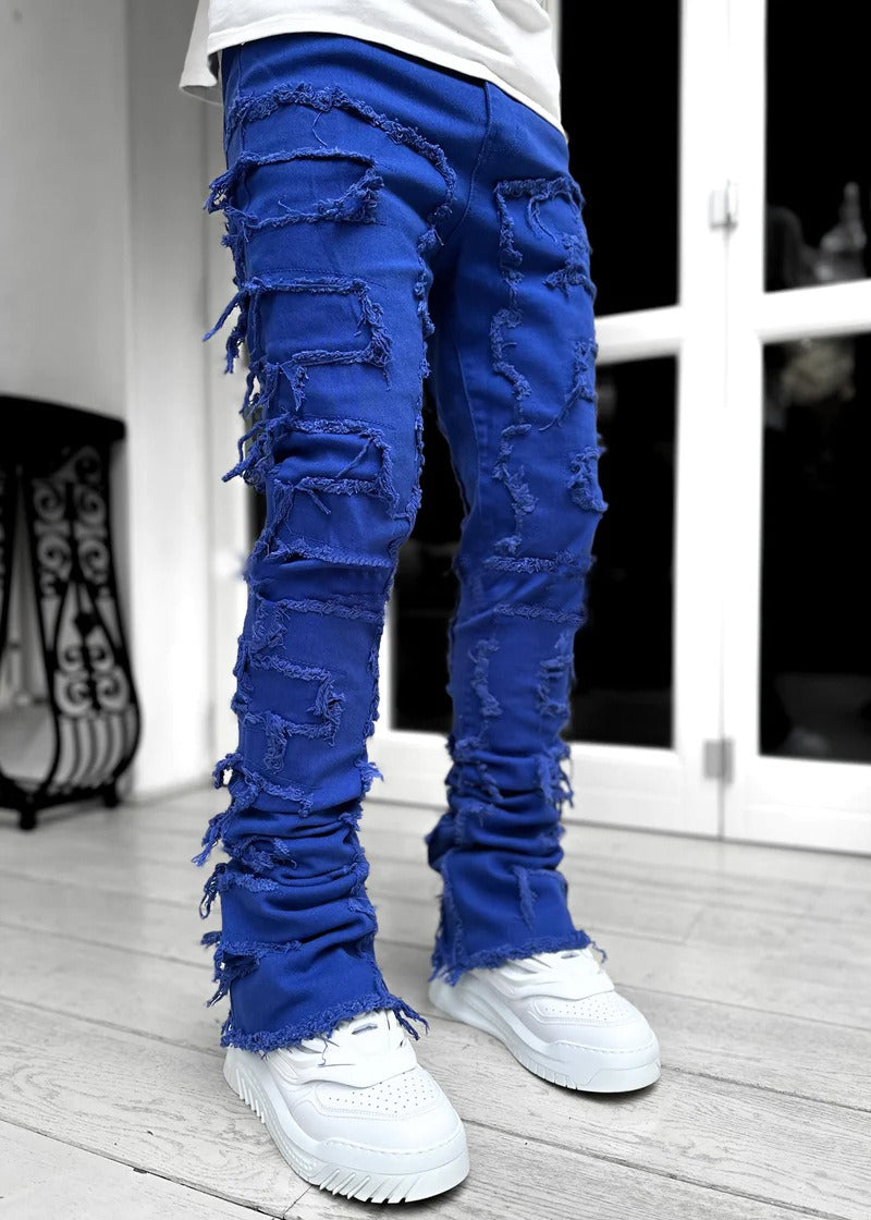 Men's denim straight leg pants with elastic patch fabric