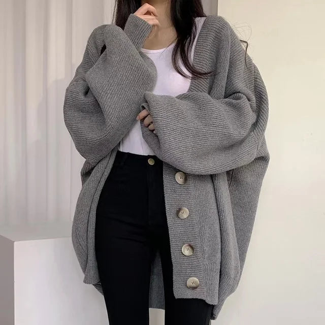 Solid Color Lazy Sweater Coat Women Autumn Winter New Loose Fit Large Size Knitted Cardigan Jumpers