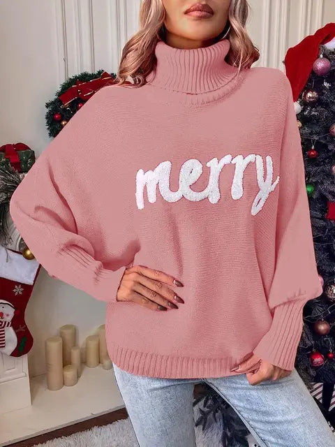 Fashion Knitt Embroidery Women Woolen Sweater Elegant Batwing Sleeve Female Turtleneck  Autumn Winter Christmas Pullover