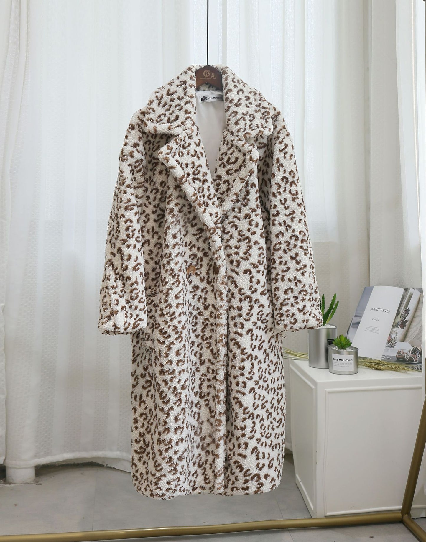 Winter Leopard Print Lapel Collar Long Fleece Jacket Women Oversized Pink Faux Fur Coat Thick Warm Teddy Jacket