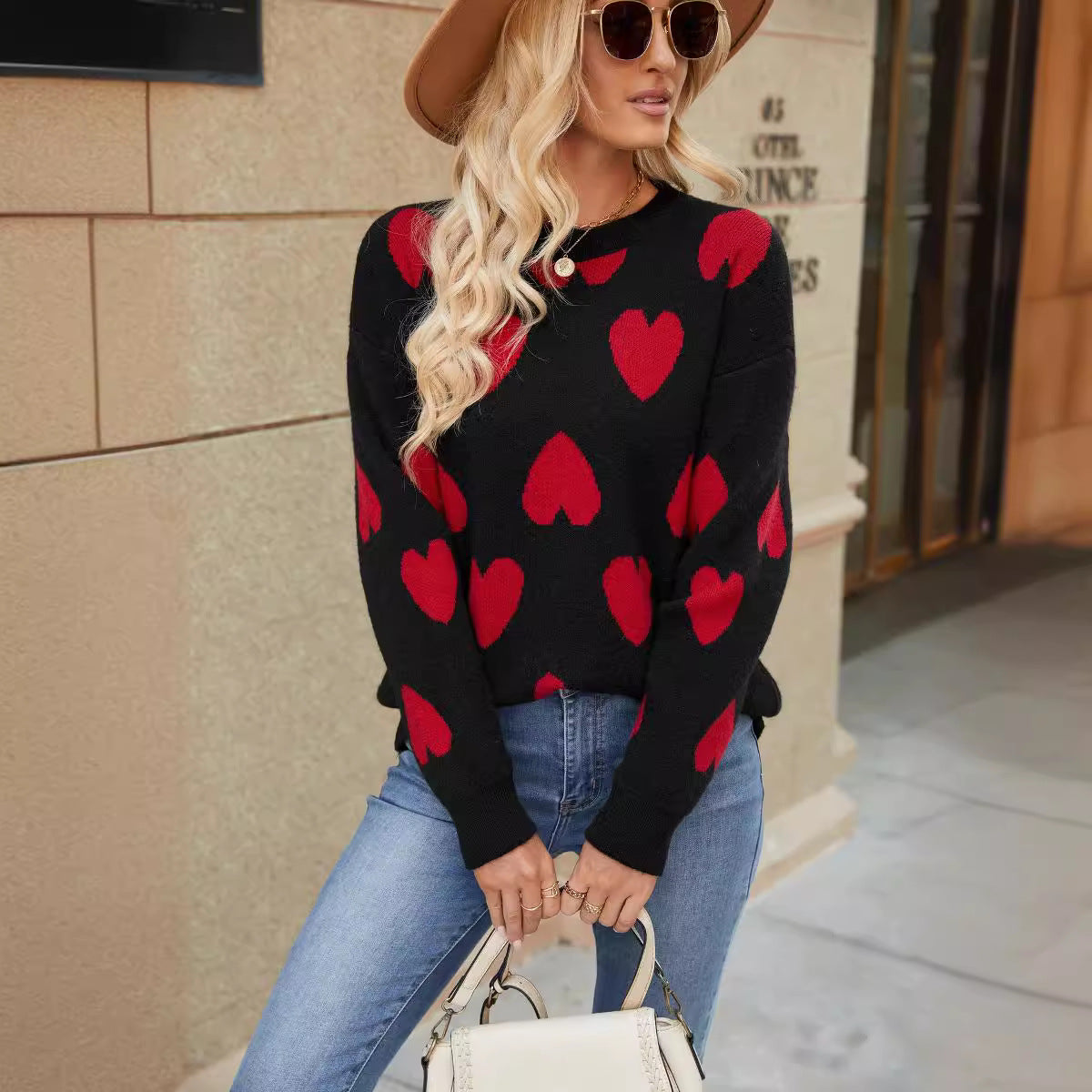 Love sweater autumn and winter knitted jacquard round neck pullover knitted sweater top for women