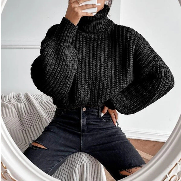 Autumn And Winter Fashion Fall Shoulder Long Sleeve Knitted Loose Pullover Turtleneck Sweater Women