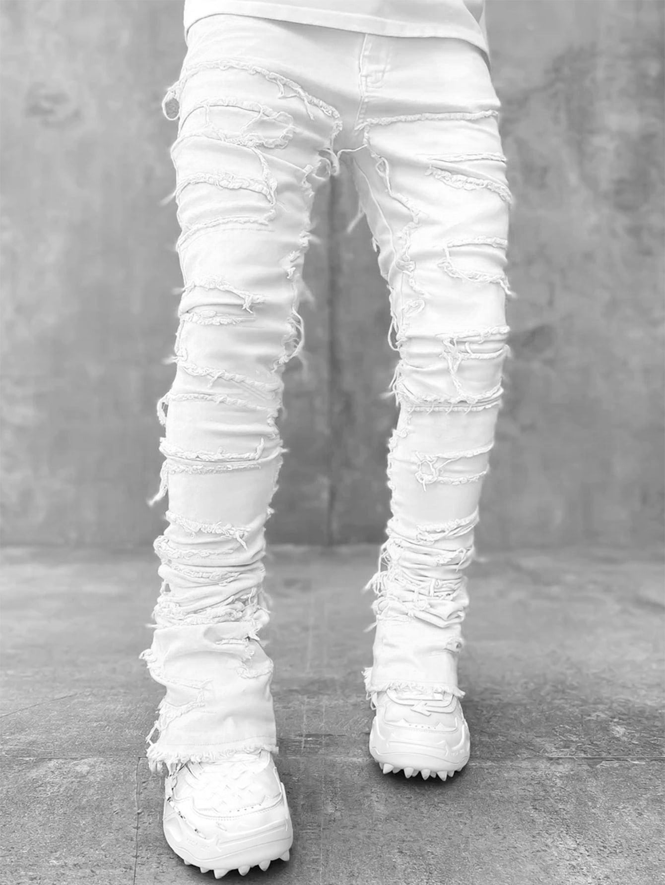 Men's denim straight leg pants with elastic patch fabric