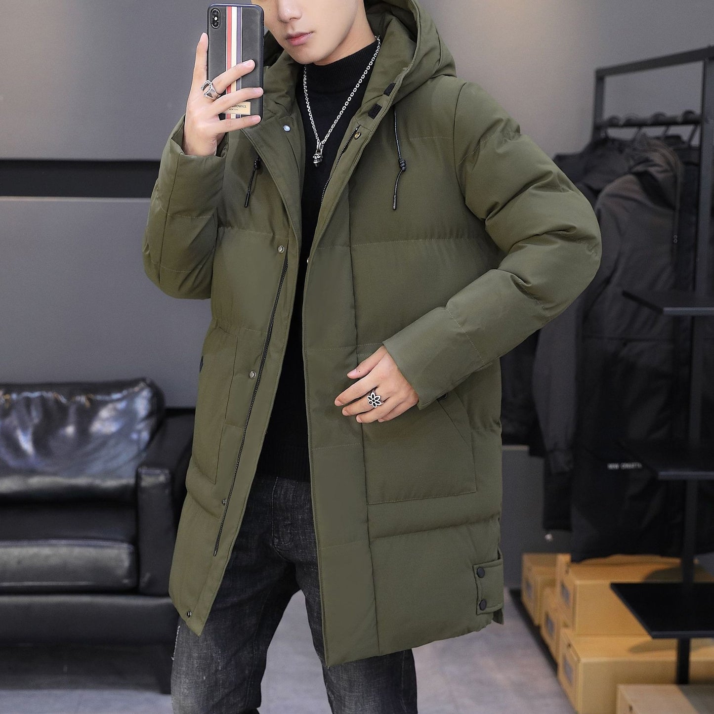 Medium Length Cotton Padded Jacket Men's Hooded Cotton Jacket Winter New Down Cotton Jacket Long Cotton Padded Jacket Winter Coat