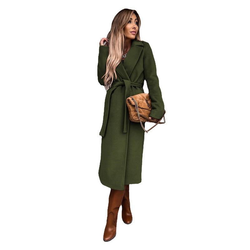 Autumn and winter women's solid color lapel long sleeved woolen jacket with simple strap windbreaker