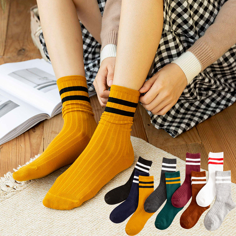 Socks Women's Spring and Autumn Popular Cotton Pile Socks Japanese Two Bar Retro Medium Long Tube Tidy Women's Socks College Style Socks