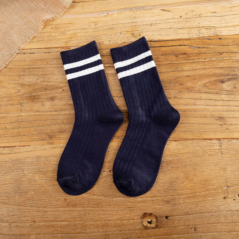 Socks Women's Spring and Autumn Popular Cotton Pile Socks Japanese Two Bar Retro Medium Long Tube Tidy Women's Socks College Style Socks